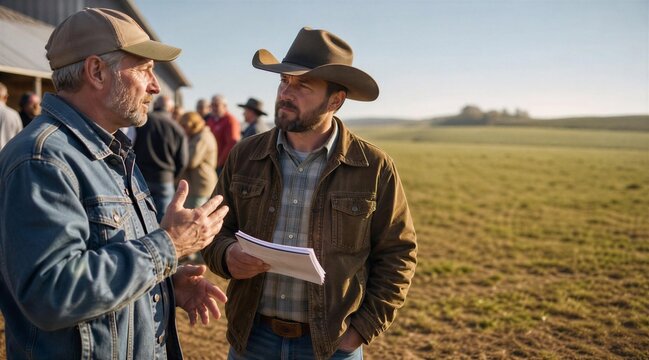 Two Farmers Discussing Documents Outdoors at Rural Farm