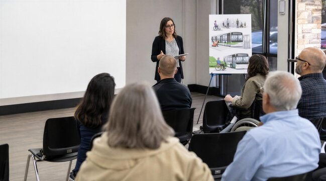 Woman Presenting Accessible Public Transit Plan to Community