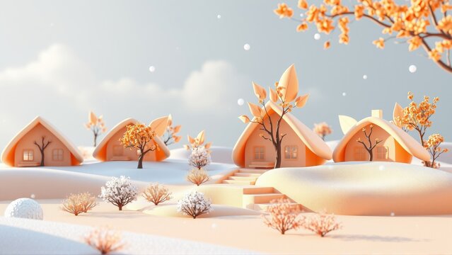Cozy village scene. Snow covers landscape, orange rooftops contrast winter setting. Soft light creates peaceful atmosphere.
