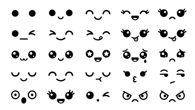 Set of cute kawaii facial expressions with various emotions for character design and graphic projects