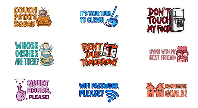 Roommate life humor sticker pack clipart set, shared living png cut out illustrations