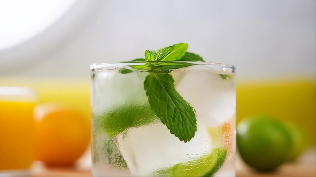 Mint Leaves Dropping Into Iced Citrus Drink with Condensation Featuring Mojito, Cocktail, Beverage with Glass and Ice Elements for Lime, Lemon