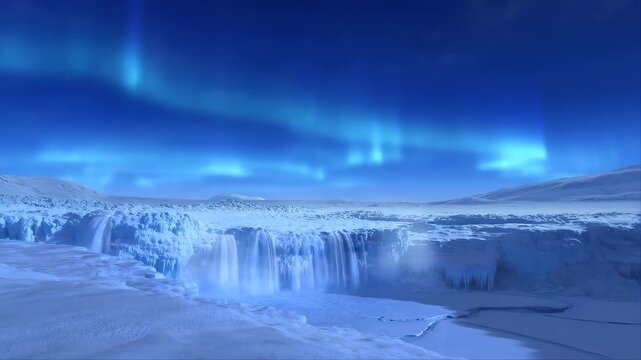 Frozen Waterfalls Illuminated by Soft Blue Aurora Light in a Snowy Arctic Landscape Featuring Icy Cliffs, Northern Lights, Winter Scene with Cold