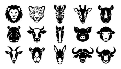 Fototapeta premium Collection of black and white animal head silhouettes featuring wild and farm creatures