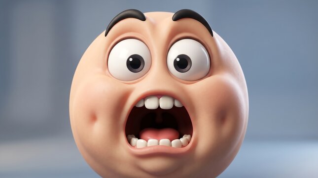 3D animated cartoon face with surprised expression on blue background