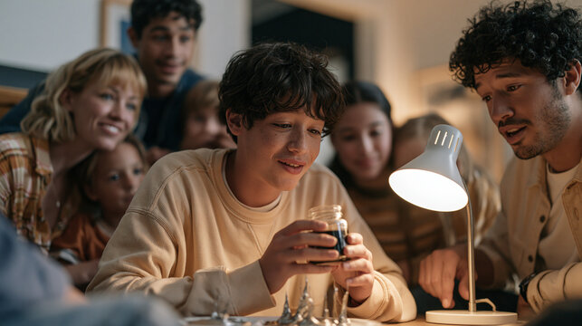 teen photography club members gathered in a modest living room as a curious teenager holds a jar of dark magnetic fluid toward a desk lamp, parents watching proudly while siblings