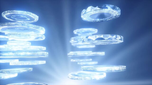 Futuristic Glowing Data Rings Floating and Rotating in a Blue Digital Environment with Light Beams Featuring Motion Graphics, Animated, Looping
