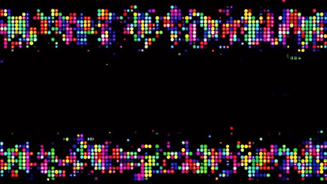 Glitching colorful dots stuttering in place, isolated black background 