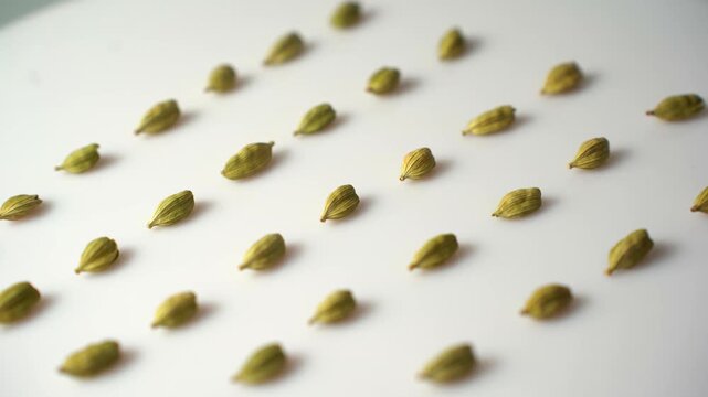 Rows of Cardamom Pods on a White Surface with Gentle Camera Movement - A Culinary Spice Ingredient Macro Shot