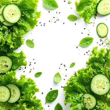 Fresh green vegetables arranged in a circular pattern on white background.