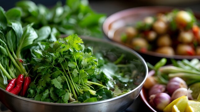 Fresh herbs and vegetables steaming in a bowl ready for cooking with vibrant colors and aromatic appeal