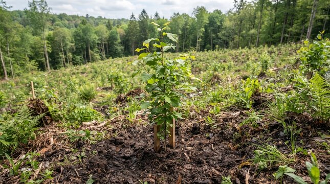 Young tree sapling growing in reforestation area, new forest plantation on cleared land, environmental conservation and ecology concept