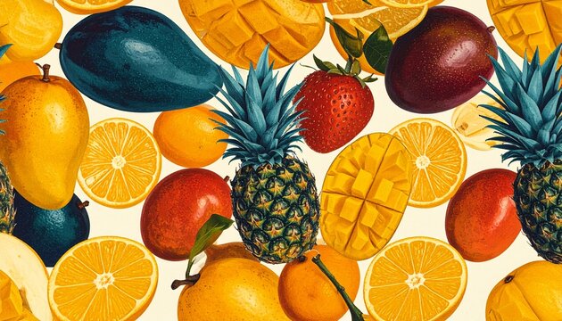 Vibrant tropical fruit pattern with pineapples and mangoes