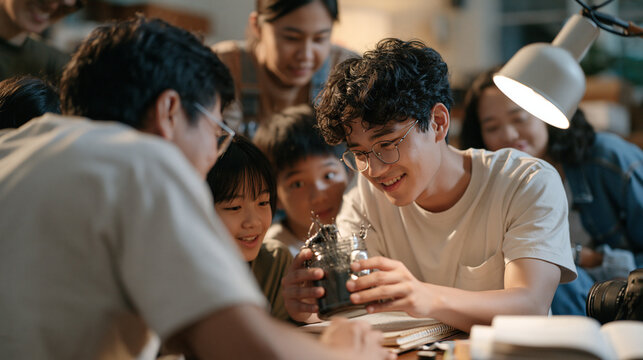teen photography club members gathered in a modest living room as a curious teenager holds a jar of dark magnetic fluid toward a desk lamp, parents watching proudly while siblings