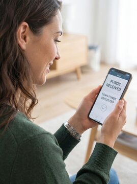 Woman holding mobile phone displaying funds received screen at home illustrating instant loan deposit mobile banking application success