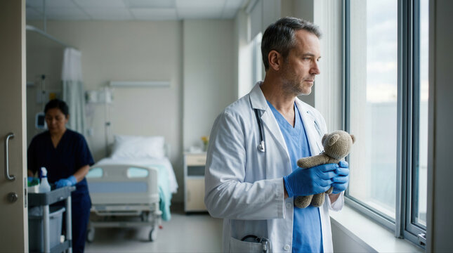Healthcare professional in a hospital offering a teddy bear to comfort young patients battling cancer
