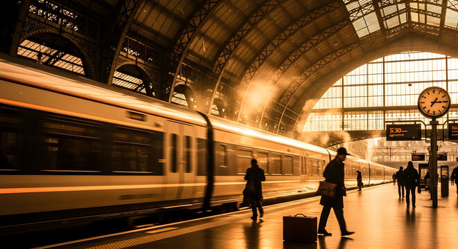 Silhouetted Commuters in Motion at a Vibrant Train Station During Sunset with Glowing Lights and Architectural Features in an Urban Environment
