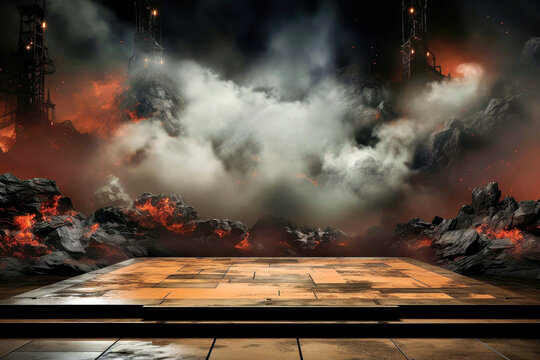 Epic Volcanic and Fiery Stage Podium with Smoke and Industrial Ruins for Product Presentation