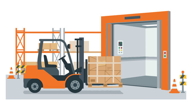 Forklift with pallet boxes in warehouse near freight elevator