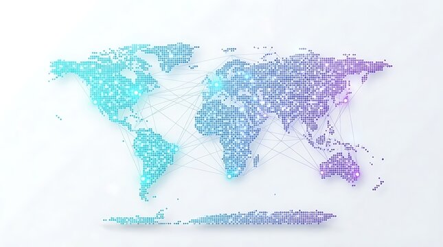 Global digital world map composed of dotted pixels showing interconnected network lines for international business communication and data technology concept on white background