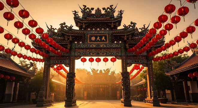 chinese temple gate background with lantern decorations and golden light