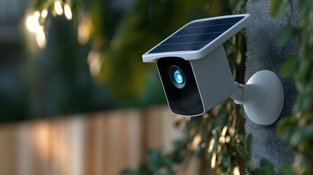 A solar powered outdoor security sensor mounted on a textured wall beside greenery and wooden fence