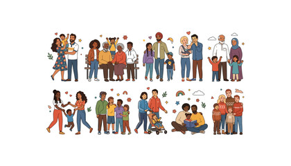Fototapeta premium Diverse Multigenerational Family and Community Groups with Parents, Children, Seniors, Friends, Celebrations, and Everyday Social Activities Vector Collection