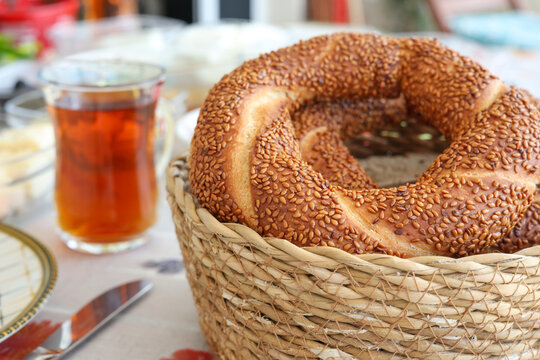 simit bagels in the basket and glass of tea