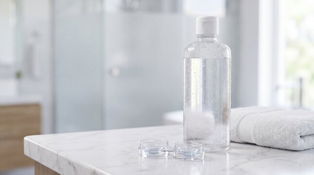 Contact lens saline solution bottle on marble bathroom counter  