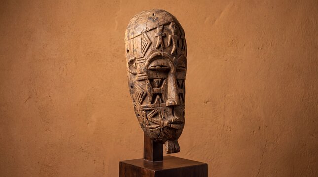 Carved wooden Dogon mask displayed on stand against textured wall  
