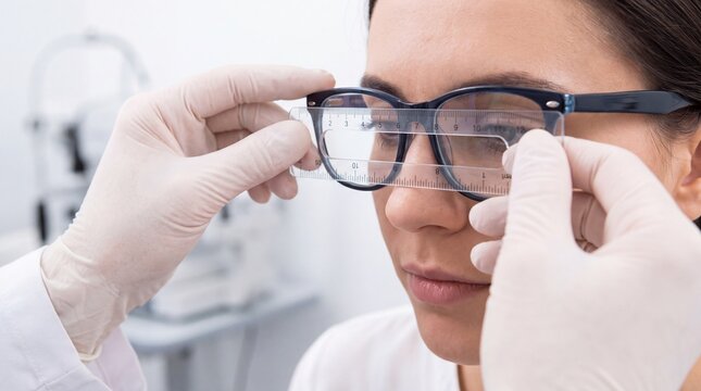 Optometrist measuring pupillary distance on woman wearing glasses  