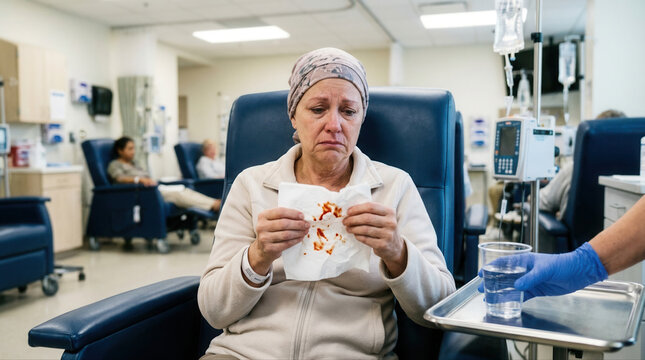 Heartfelt moment of a cancer patient in a hospital receiving treatment while holding a tissue and showing a tearful expression