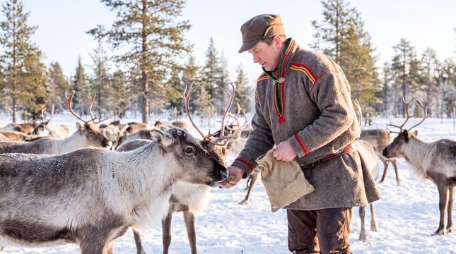 Sami reindeer herder feeding reindeer in snowy forest landscape  