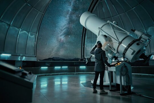 A person standing inside a large observatory dome looking through a giant white telescope at the glowing milky way galaxy in the night sky