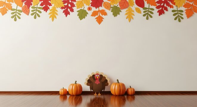 Festive Thanksgiving backdrop featuring colorful fall leaves, pumpkins, and a turkey decoration on a wooden floor.
