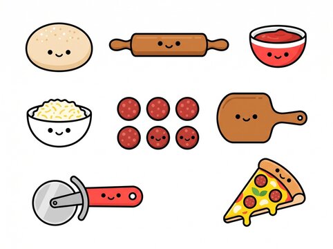 Cute pizza making ingredients and kitchen tools set with funny faces isolated on white background, Vector, illustration