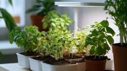 Fototapeta premium Fresh green herbs growing indoors under light in small pots arranged on a ill