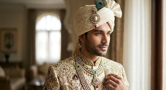 Indian groom wearing traditional sherwani and turban with jewelry. Young man dressed in luxurious ethnic attire for wedding ceremony. Portrait of handsome person celebrating Indian culture.
