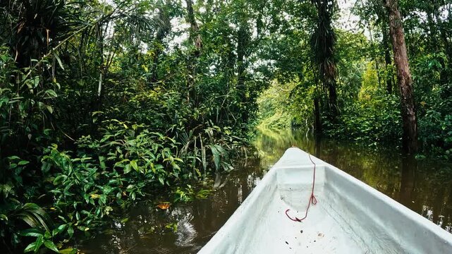 Tall Tropical Rainforest Trees in Ecuador with Dense Green Canopy, Brown River Edge, Wetland Vegetation and Remote Amazon Biodiversity Scene