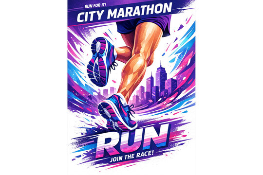 A poster for a city marathon event showcasing the excitement of running in an urban environment.