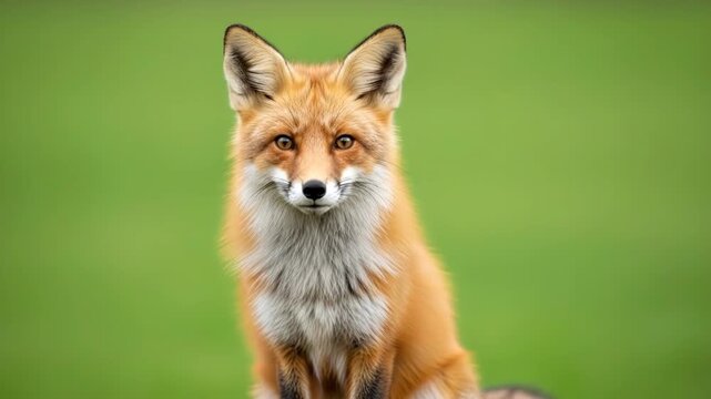 A close up portrait of a majestic red fox standing on a blurred green field