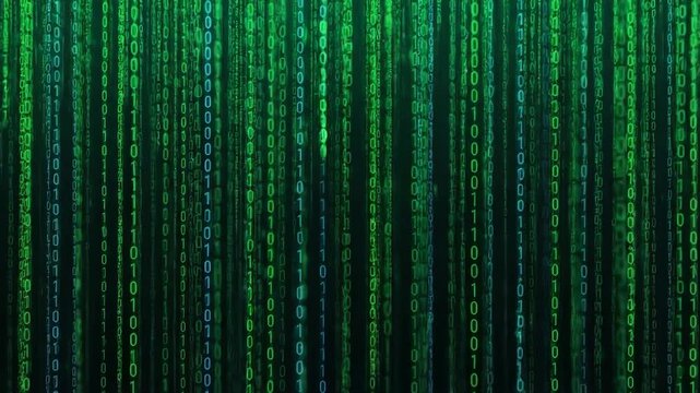 Digital matrix rain effect with cascading green binary code on dark background