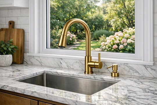 Modern farmhouse kitchen with sink and window, featuring marble countertop, brushed nickel fixtures, subway tile backsplash. The window offers a view of an outdoor garden.