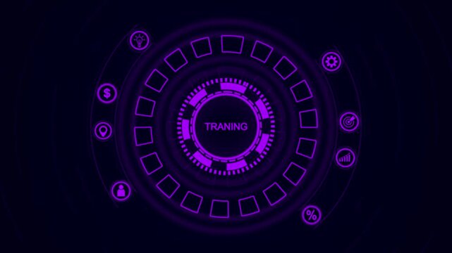 A vibrant purple digital interface with the word TRANING in the center, surrounded by glowing and a dark background Keywords: training, education, learning, development, business, concept