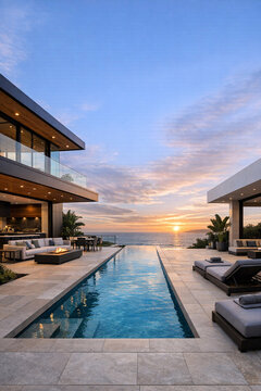 Sunset at an exclusive beach house with infinity pool, view of ocean and skyline.