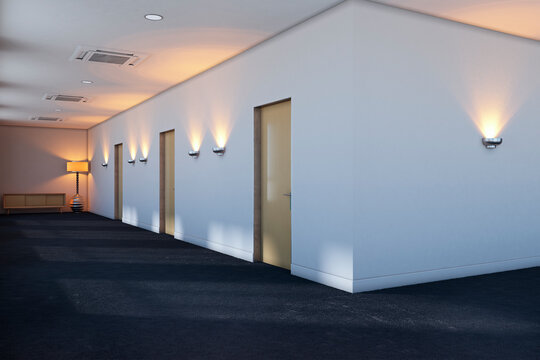 Modern hotel hallway interior with illuminated wall sconces, elevator doors, dark carpet, and elegant architectural lighting design background. 3D Rendering