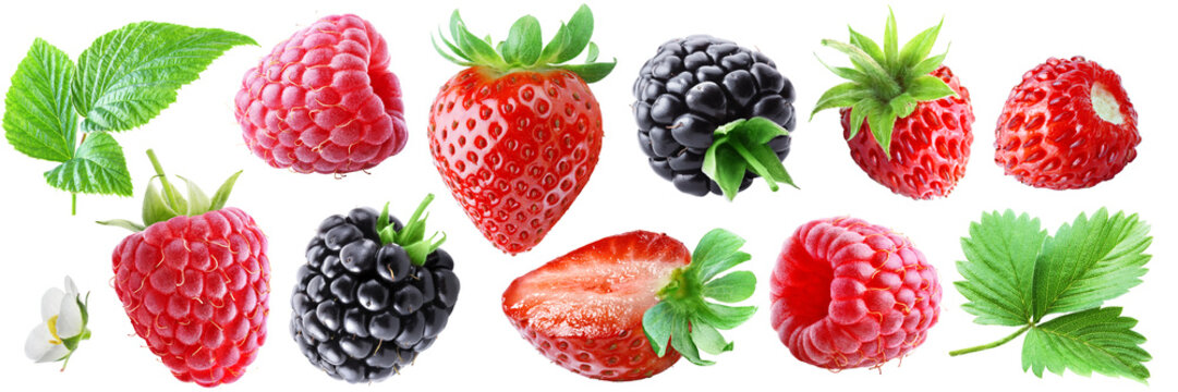 Mix of ripe juicy strawberries, raspberries and blackberries with leaves isolated on transparent background.