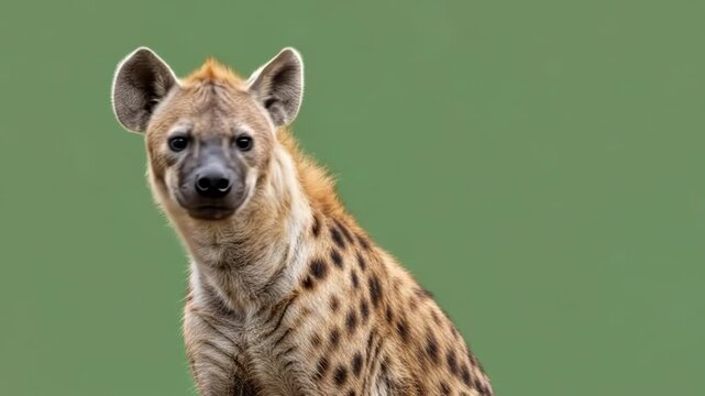 A close portrait of a spotted hyena against a soft green background