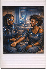 Fototapeta premium Two women smiling, one in uniform and the other being examined with a stethoscope.