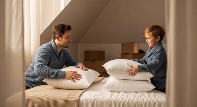 Father and young son playing with pillows on bed in sunlit attic bedroom.